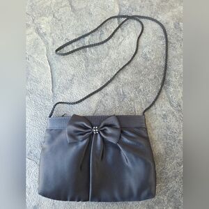 Vintage Chateau Elegant Black Satin Evening Bag With Bow And Rhinstone Accent